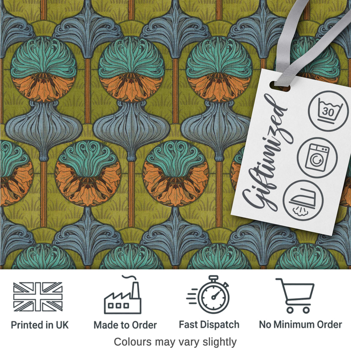 Art Nouveau Geometric Floral Motif Green Background Seamless Pattern Digital Print Fabric by the Metre UK Sewing Quilting Textile