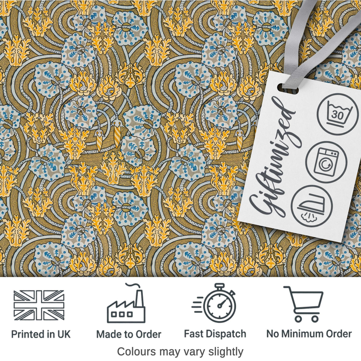 Ornate Vintage Floral Swirl Pattern with Yellow Blue Details Seamless Pattern Digital Print Fabric by the Metre UK Sewing Quilting Textile
