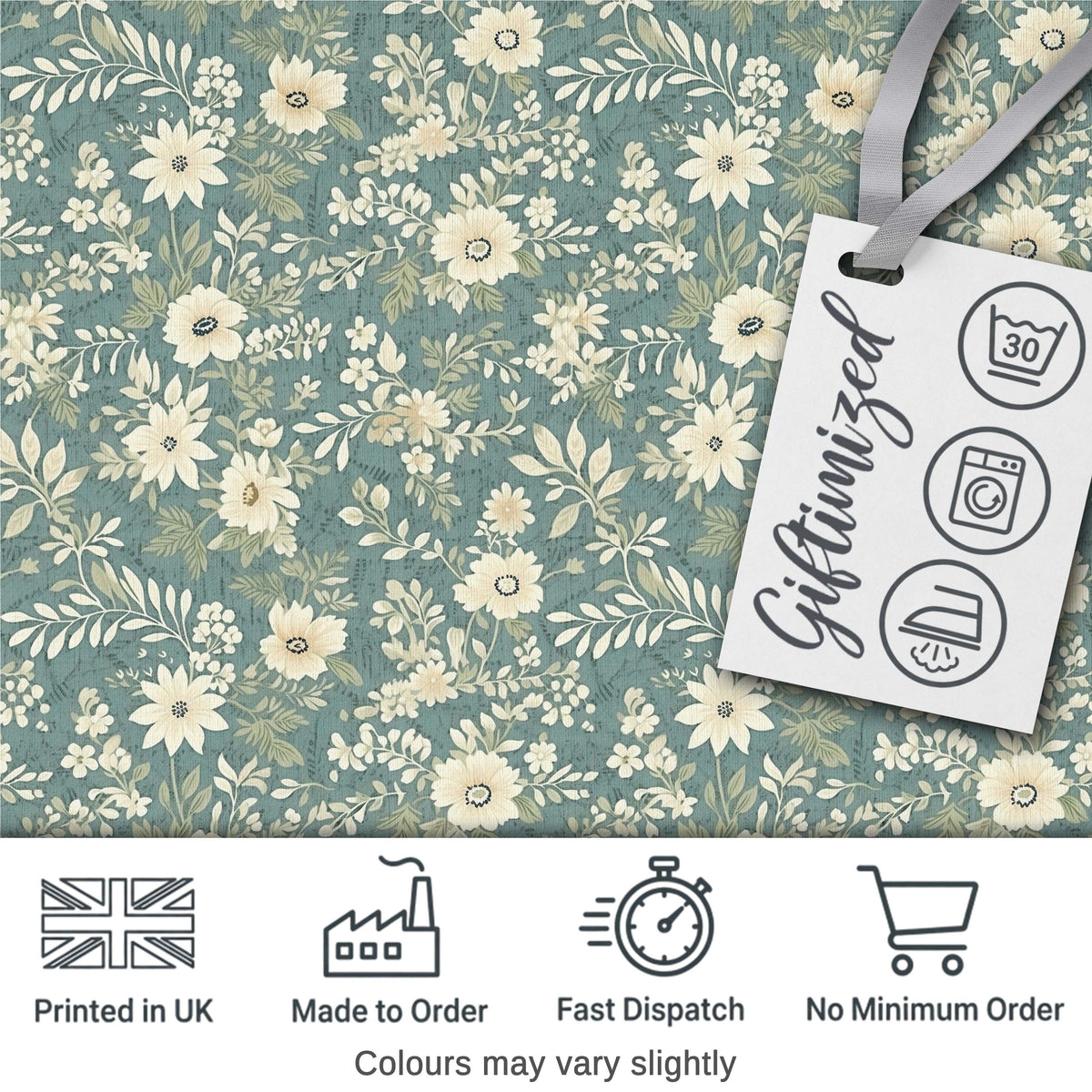 Delicate Cream Floral Garden Pattern on Dusty Blue Background Seamless Pattern Digital Print Fabric by the Metre UK Sewing Quilting Textile