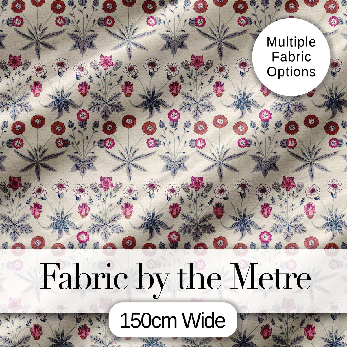 Vintage Meadow Floral with Pink Blooms and Blue Leaves Seamless Pattern Digital Print Fabric by the Metre UK Sewing Quilting Textile