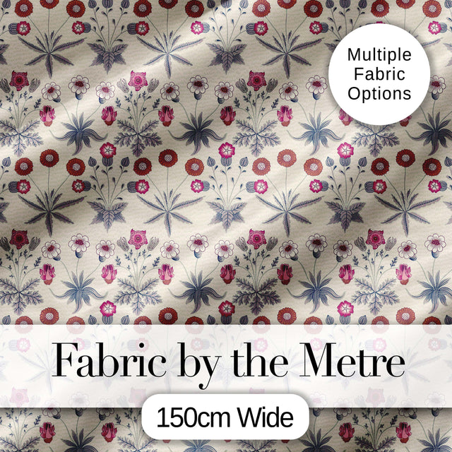 Vintage Meadow Floral with Pink Blooms and Blue Leaves Seamless Pattern Digital Print Fabric by the Metre UK Sewing Quilting Textile