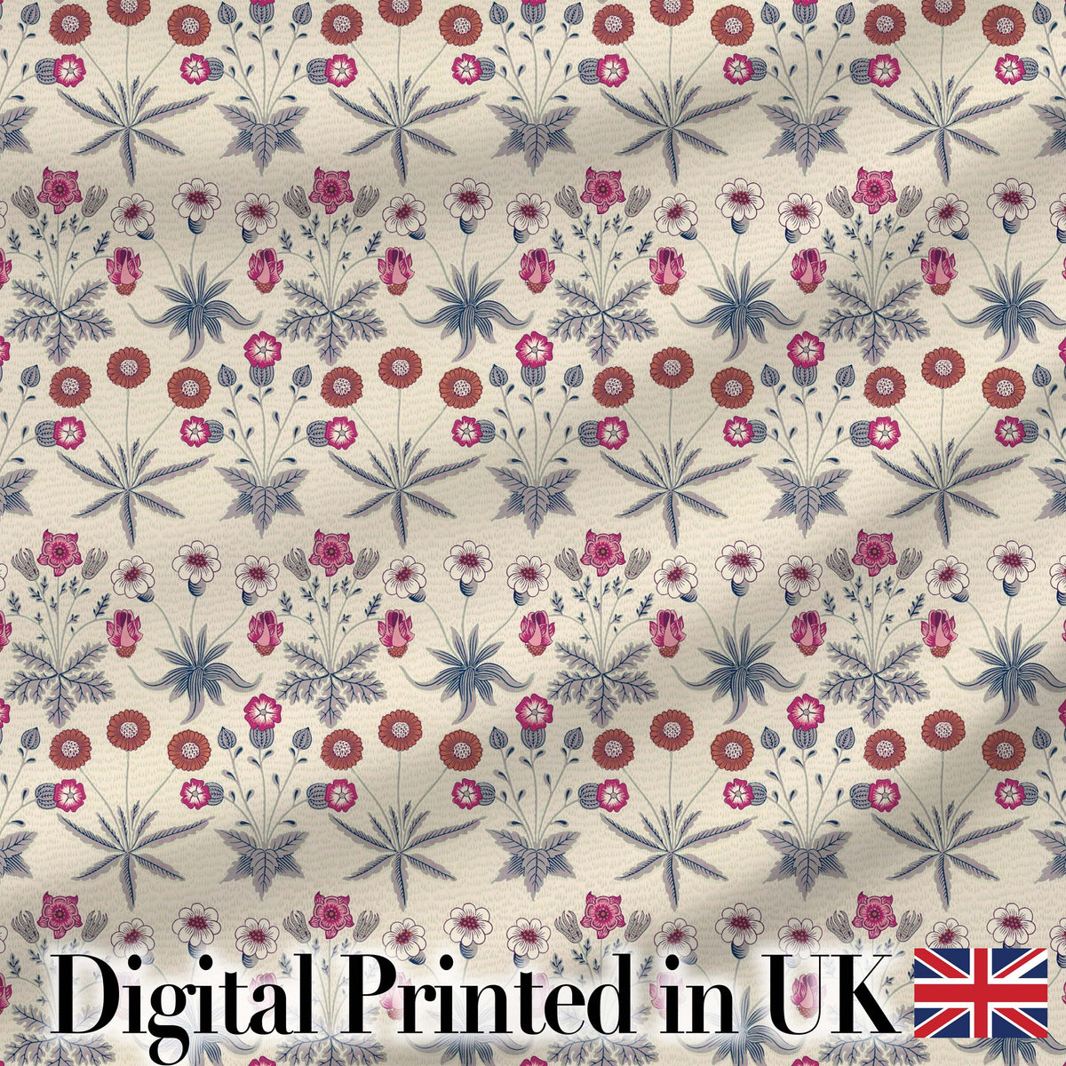 Vintage Meadow Floral with Pink Blooms and Blue Leaves Seamless Pattern Digital Print Fabric by the Metre UK Sewing Quilting Textile