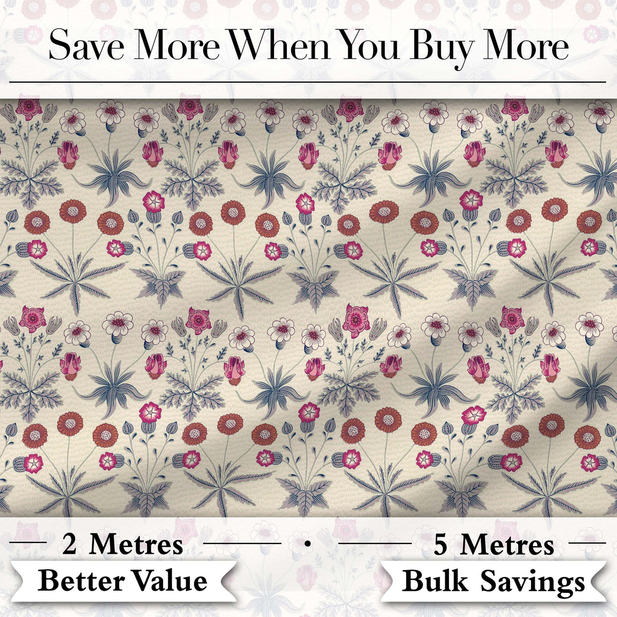 Vintage Meadow Floral with Pink Blooms and Blue Leaves Seamless Pattern Digital Print Fabric by the Metre UK Sewing Quilting Textile