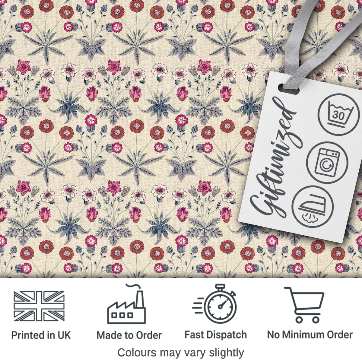 Vintage Meadow Floral with Pink Blooms and Blue Leaves Seamless Pattern Digital Print Fabric by the Metre UK Sewing Quilting Textile