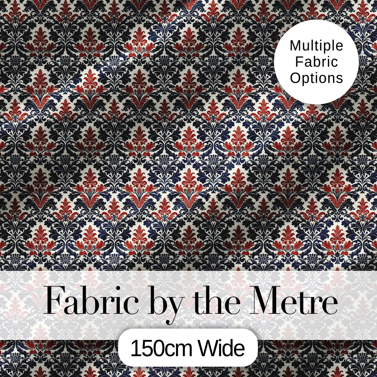 Classic Red and Navy Floral Damask Ornamental Seamless Pattern Digital Print Fabric by the Metre UK Sewing Quilting Textile