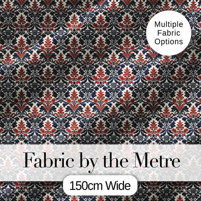 Classic Red and Navy Floral Damask Ornamental Seamless Pattern Digital Print Fabric by the Metre UK Sewing Quilting Textile