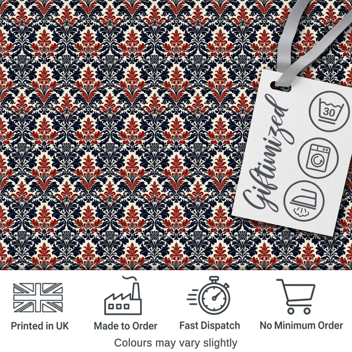 Classic Red and Navy Floral Damask Ornamental Seamless Pattern Digital Print Fabric by the Metre UK Sewing Quilting Textile