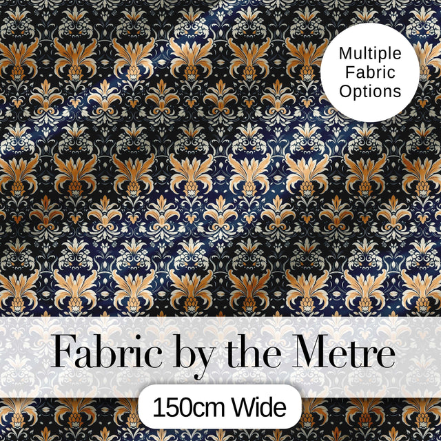 Luxurious Gold Floral Damask on Deep Navy Background Seamless Pattern Digital Print Fabric by the Metre UK Sewing Quilting Textile