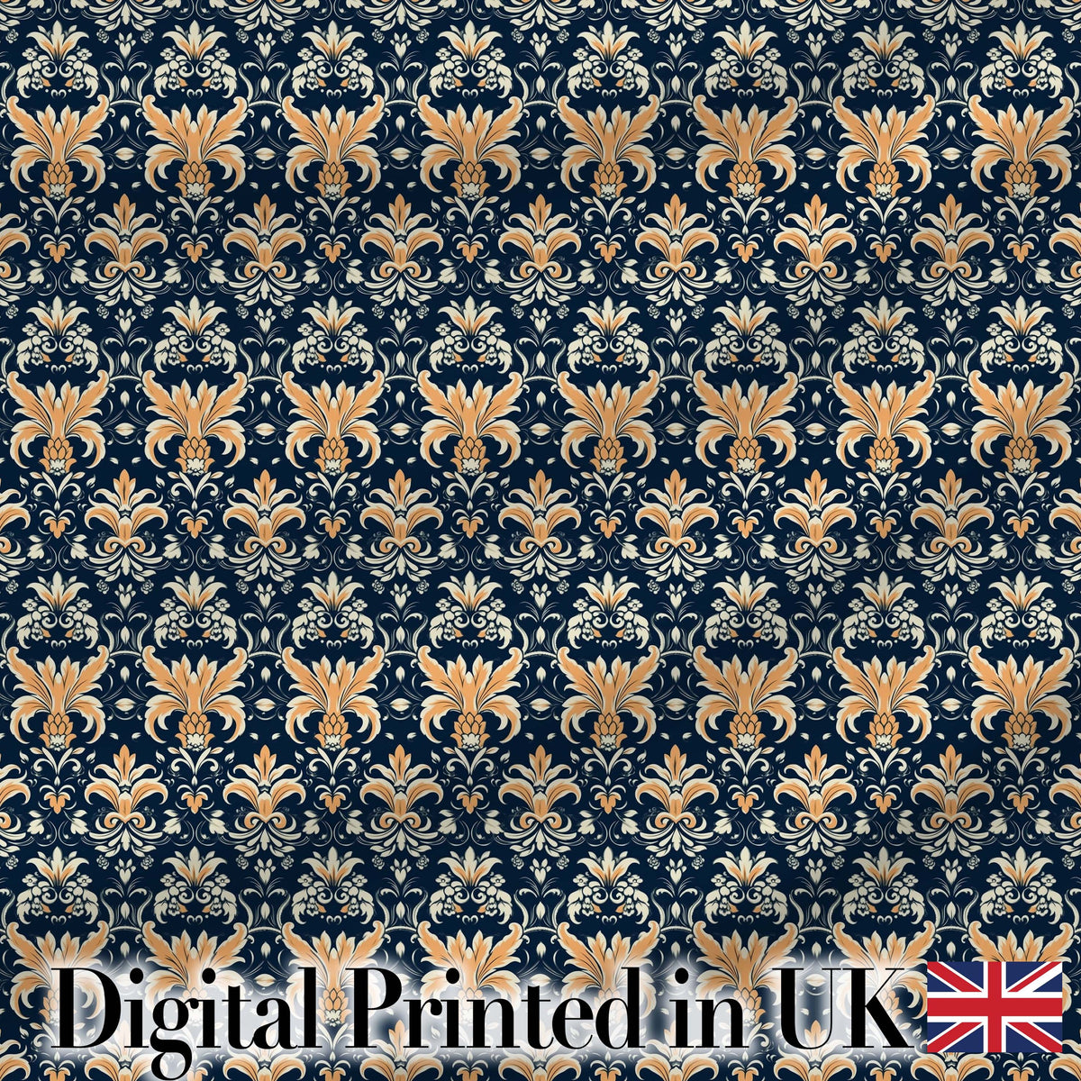 Luxurious Gold Floral Damask on Deep Navy Background Seamless Pattern Digital Print Fabric by the Metre UK Sewing Quilting Textile