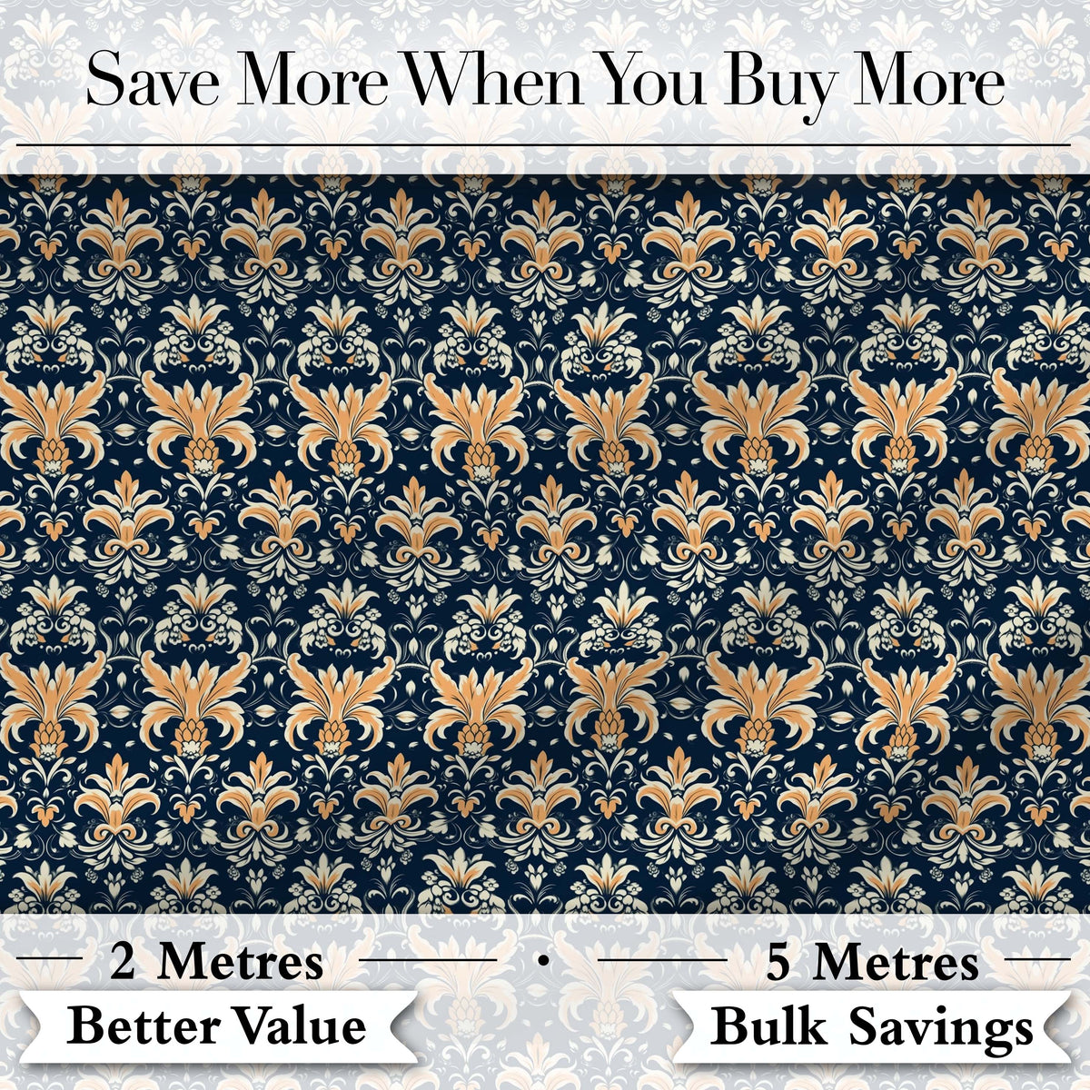 Luxurious Gold Floral Damask on Deep Navy Background Seamless Pattern Digital Print Fabric by the Metre UK Sewing Quilting Textile