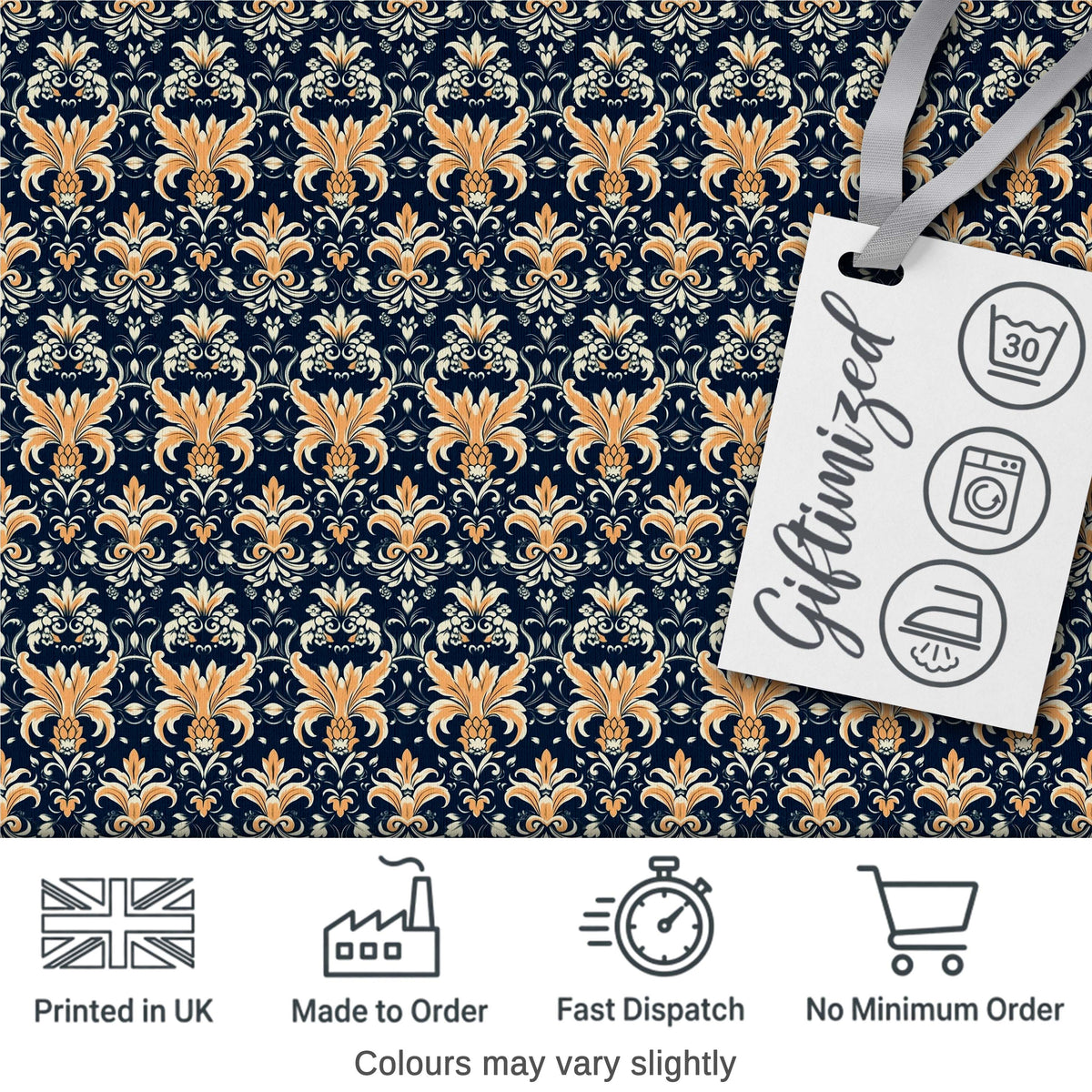 Luxurious Gold Floral Damask on Deep Navy Background Seamless Pattern Digital Print Fabric by the Metre UK Sewing Quilting Textile