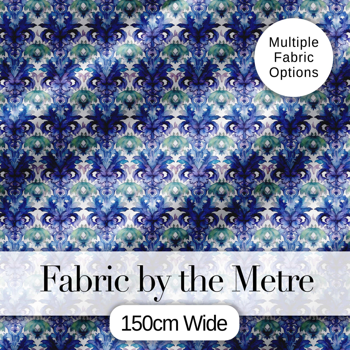 Cool Blue and Teal Watercolor Floral Ornamental Seamless Pattern Digital Print Fabric by the Metre UK Sewing Quilting Textile