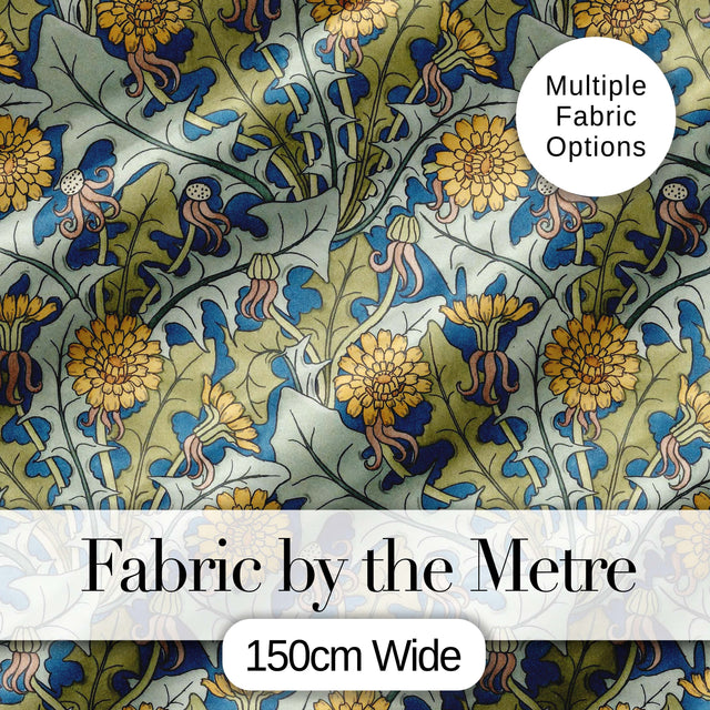 Classic Arts and Crafts Yellow Floral with Green Leaves Seamless Pattern Digital Print Fabric by the Metre UK Sewing Quilting Textile
