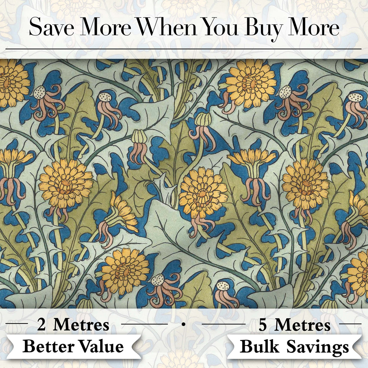 Classic Arts and Crafts Yellow Floral with Green Leaves Seamless Pattern Digital Print Fabric by the Metre UK Sewing Quilting Textile