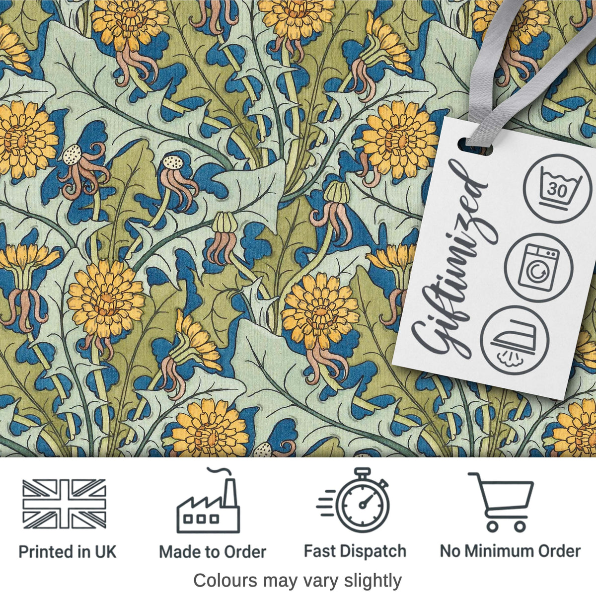 Classic Arts and Crafts Yellow Floral with Green Leaves Seamless Pattern Digital Print Fabric by the Metre UK Sewing Quilting Textile