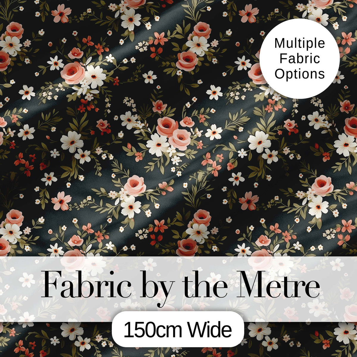 Delicate Peach and White Floral Bouquet on Dark Background Seamless Pattern Digital Print Fabric by the Metre UK Sewing Quilting Textile