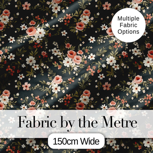 Delicate Peach and White Floral Bouquet on Dark Background Seamless Pattern Digital Print Fabric by the Metre UK Sewing Quilting Textile