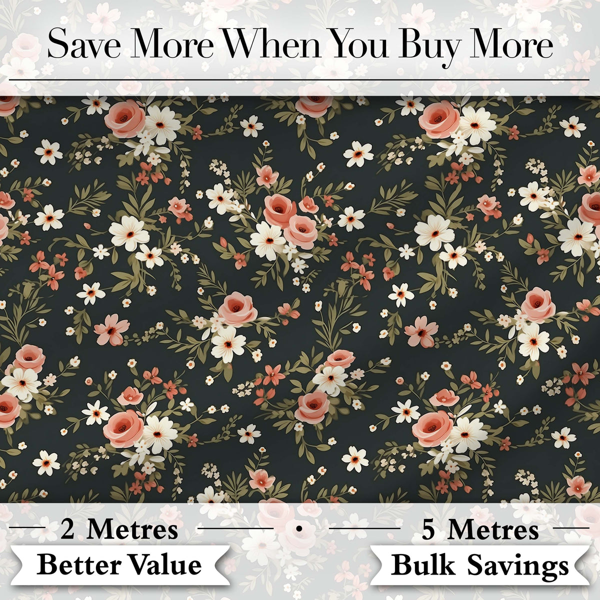 Delicate Peach and White Floral Bouquet on Dark Background Seamless Pattern Digital Print Fabric by the Metre UK Sewing Quilting Textile