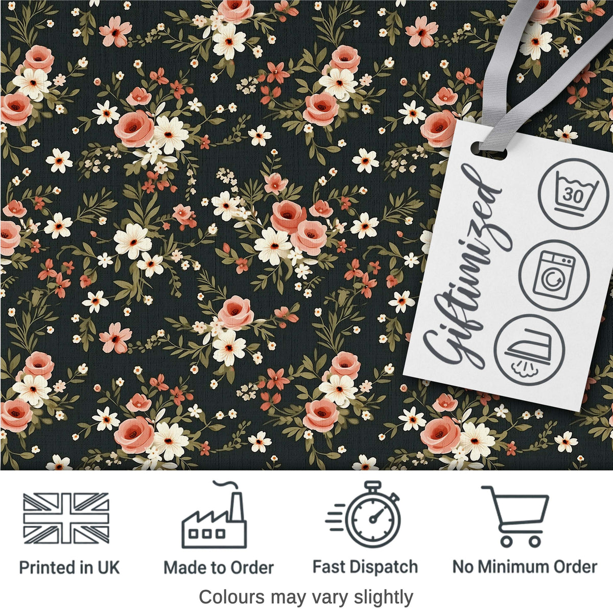 Delicate Peach and White Floral Bouquet on Dark Background Seamless Pattern Digital Print Fabric by the Metre UK Sewing Quilting Textile