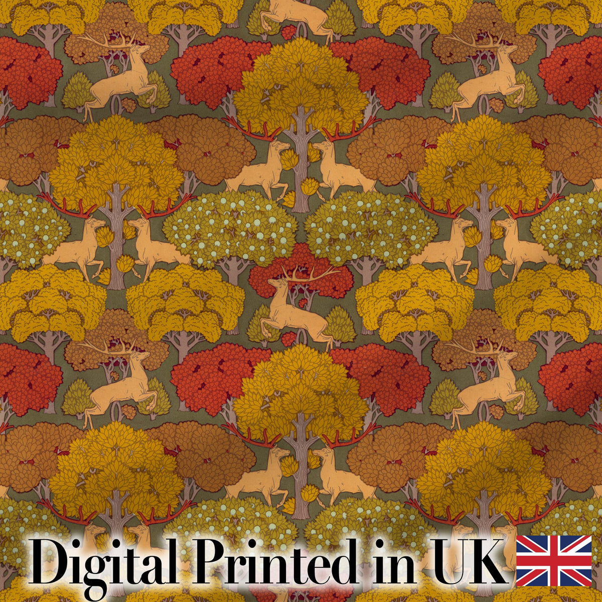 Autumn Forest Deer with Golden Trees Woodland Seamless Pattern Digital Print Fabric by the Metre UK Sewing Quilting Textile