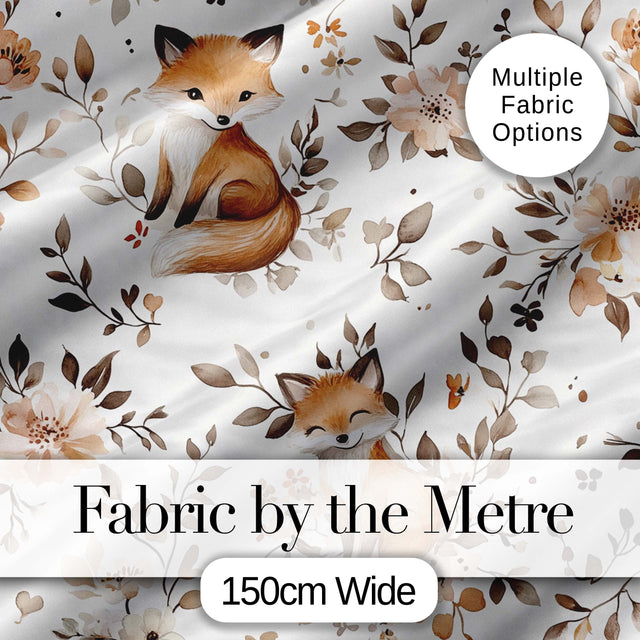 Cute Watercolor Fox with Floral Leaves Seamless Pattern Digital Print Fabric by the Metre UK Sewing Quilting Textile