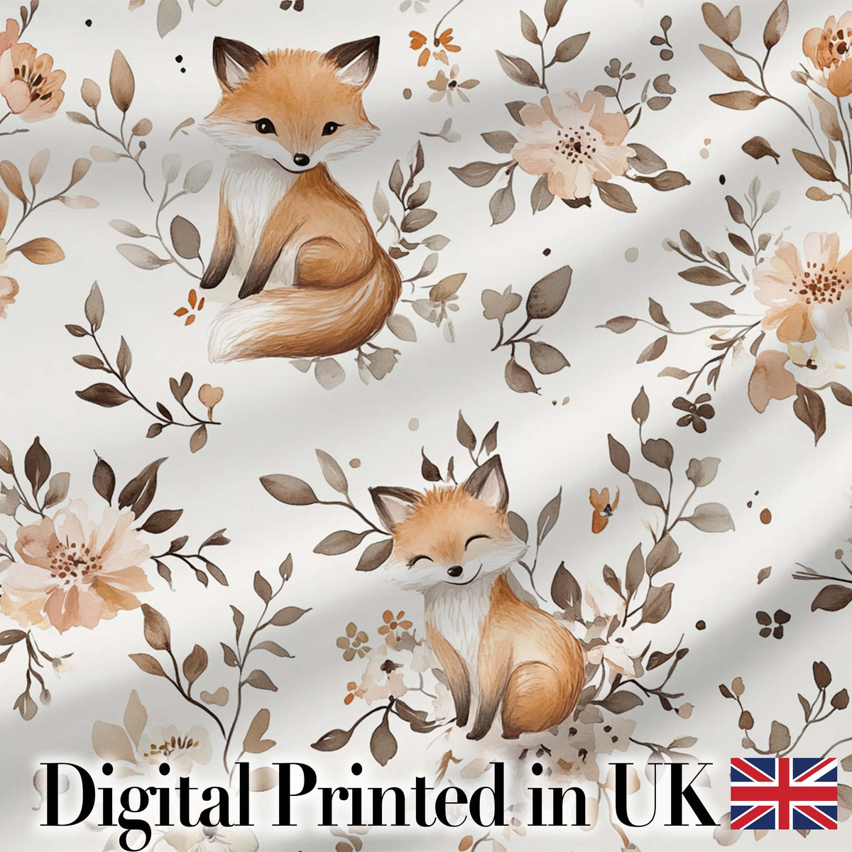 Cute Watercolor Fox with Floral Leaves Seamless Pattern Digital Print Fabric by the Metre UK Sewing Quilting Textile