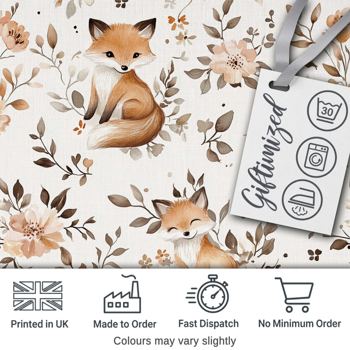 Cute Watercolor Fox with Floral Leaves Seamless Pattern Digital Print Fabric by the Metre UK Sewing Quilting Textile
