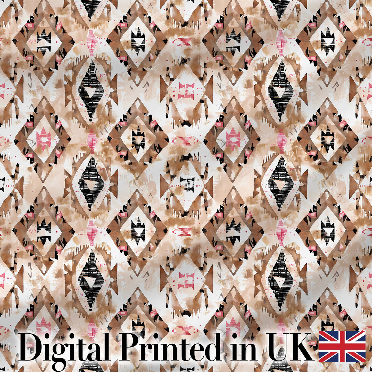 Abstract Boho Tribal Shapes in Neutral Tones Seamless Pattern Digital Print Fabric by the Metre UK Sewing Quilting Textile