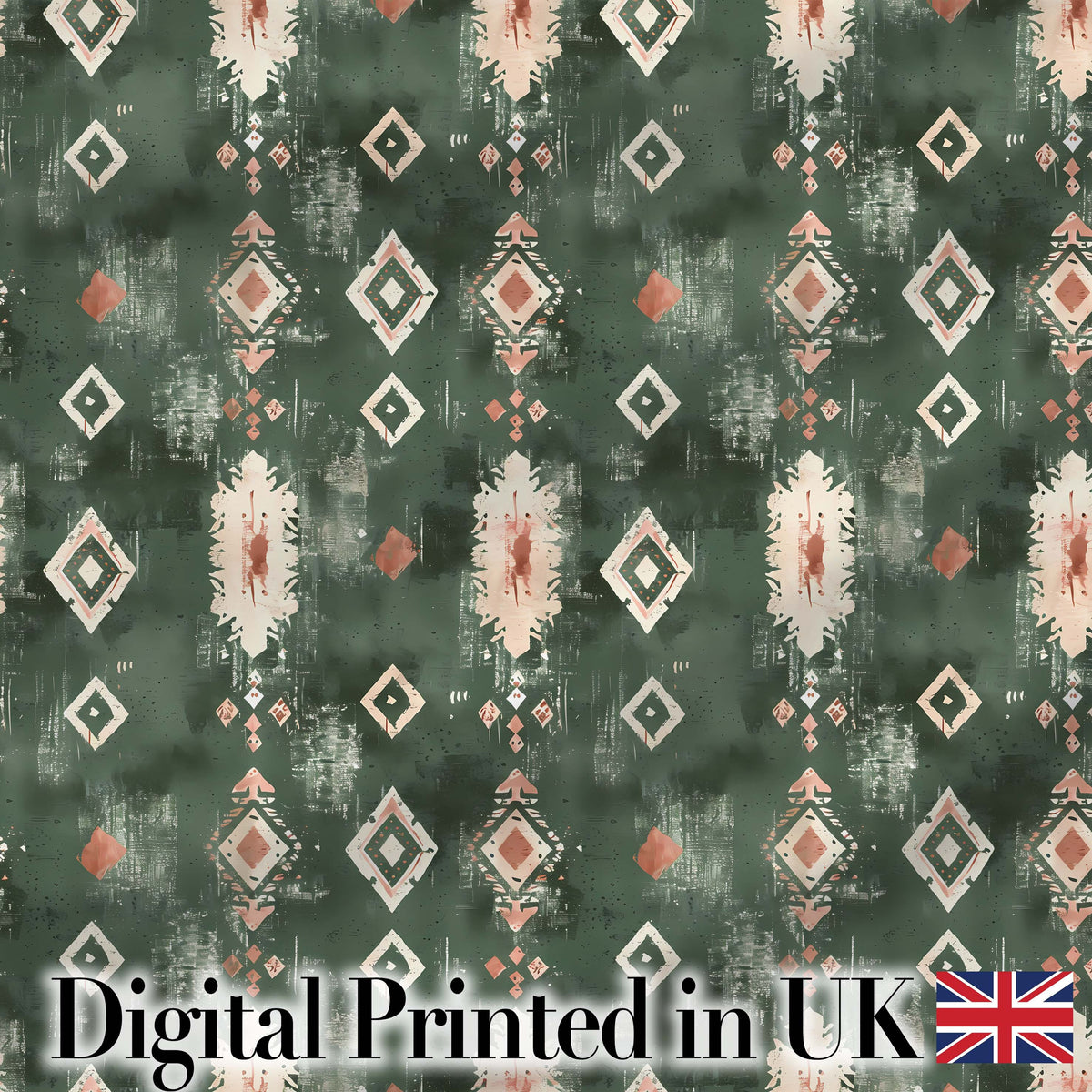 Rustic Green Tribal Ikat Geometric Seamless Pattern Digital Print Fabric by the Metre UK Sewing Quilting Textile