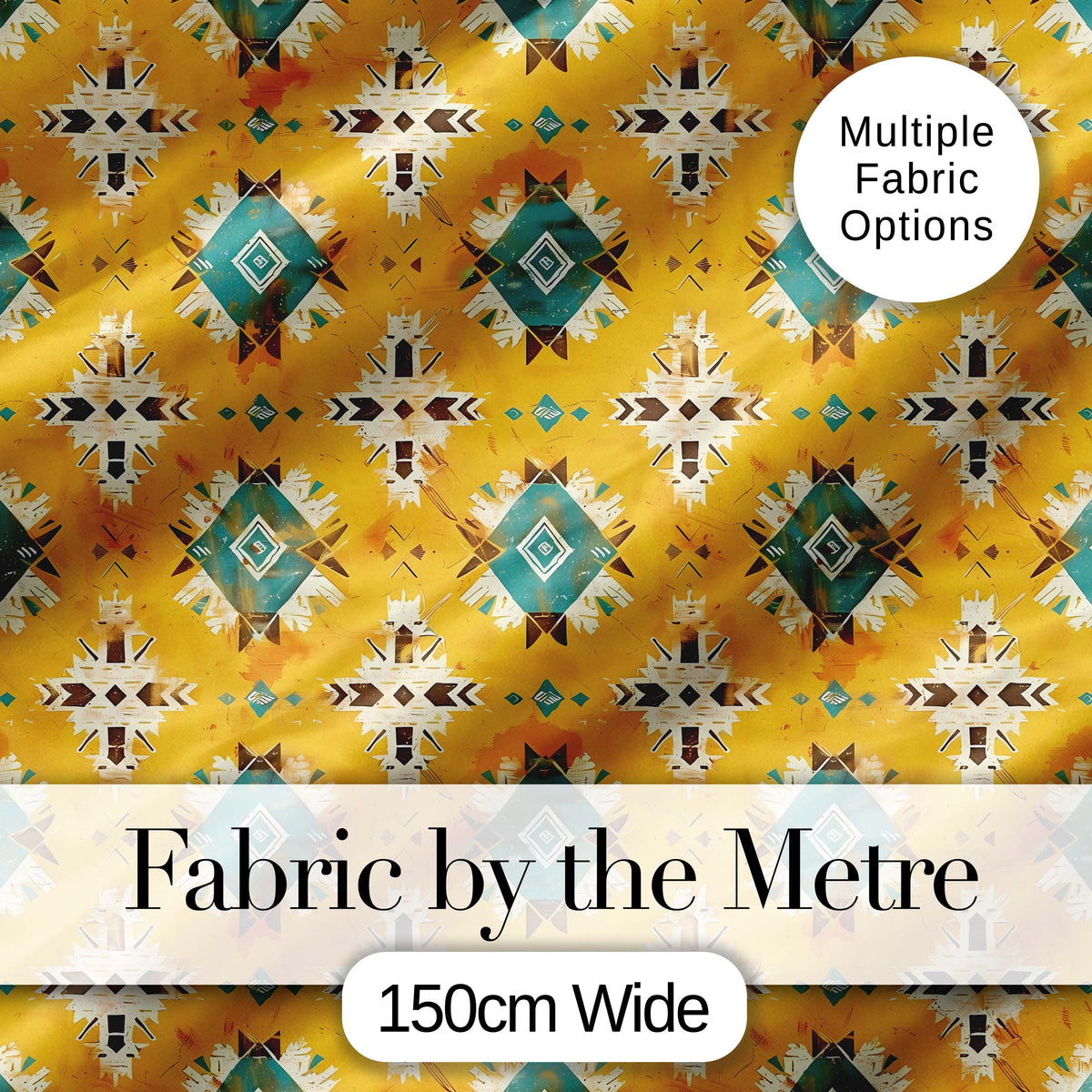 Bold Yellow and Teal Aztec Geometric Tribal Seamless Pattern Digital Print Fabric by the Metre UK Sewing Quilting Textile