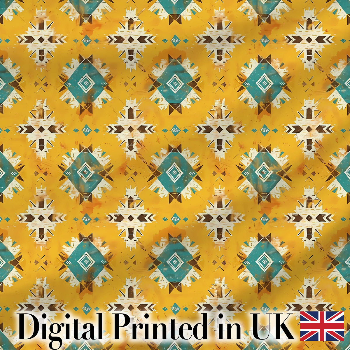 Bold Yellow and Teal Aztec Geometric Tribal Seamless Pattern Digital Print Fabric by the Metre UK Sewing Quilting Textile