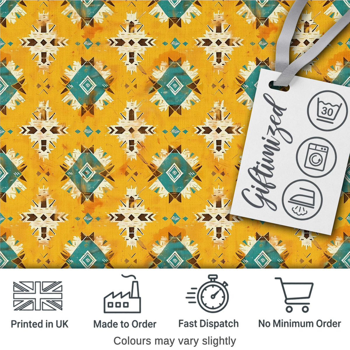 Bold Yellow and Teal Aztec Geometric Tribal Seamless Pattern Digital Print Fabric by the Metre UK Sewing Quilting Textile