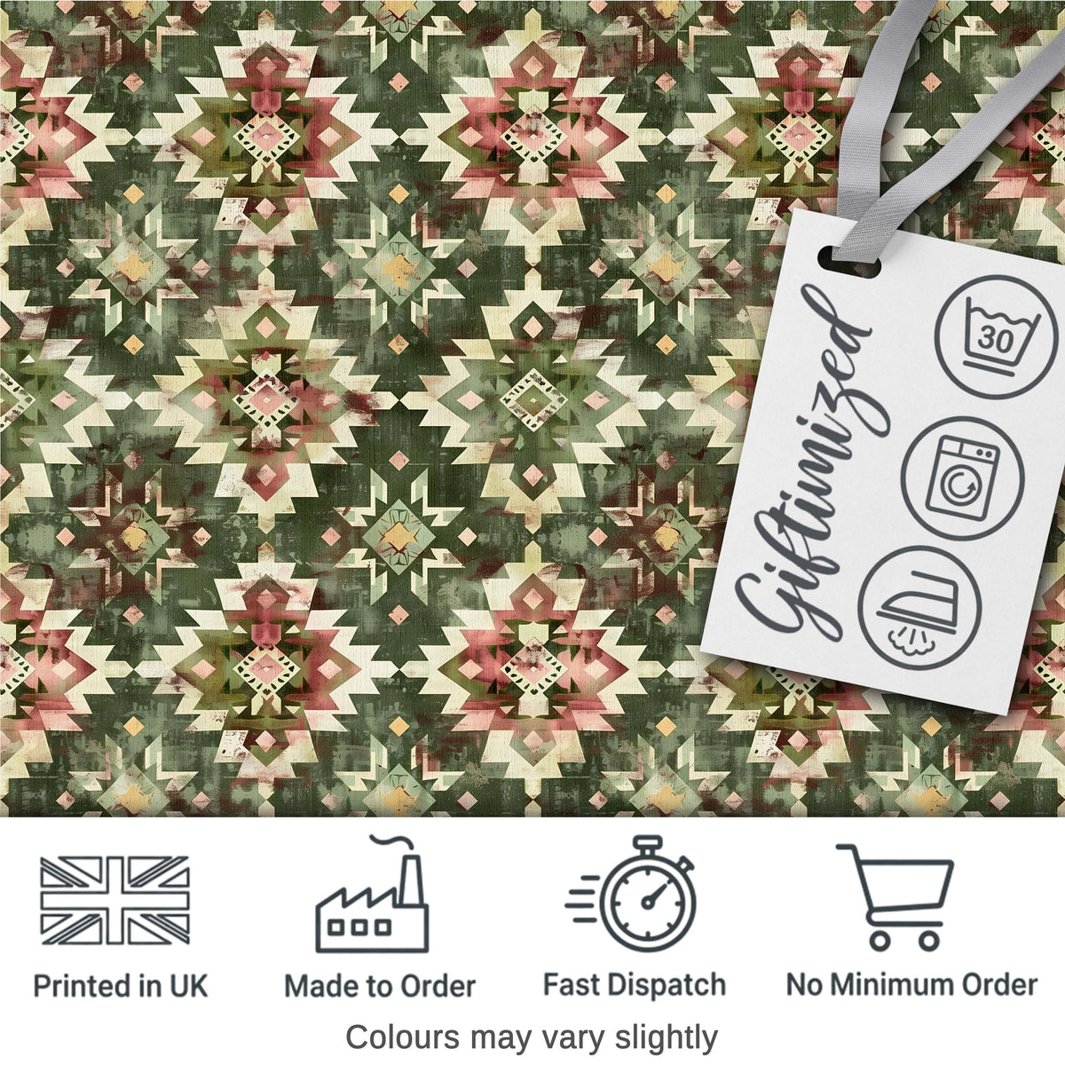 Green and Pink Tribal Aztec Geometric Seamless Pattern Digital Print Fabric by the Metre UK Sewing Quilting Textile