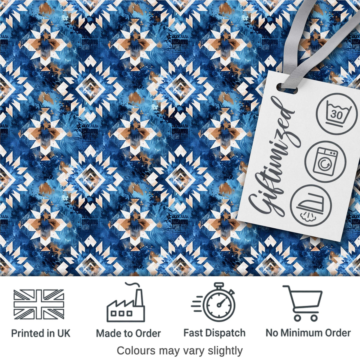 Deep Blue Artistic Tribal Aztec Seamless Pattern Digital Print Fabric by the Metre UK Sewing Quilting Textile