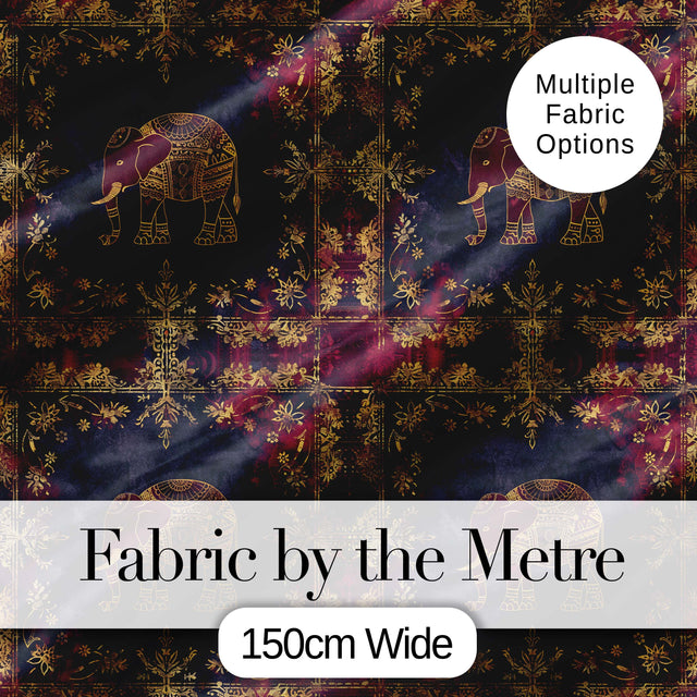 Ornate Gold Elephant and Floral Vintage Seamless Pattern Digital Print Fabric by the Metre UK Sewing Quilting Textile