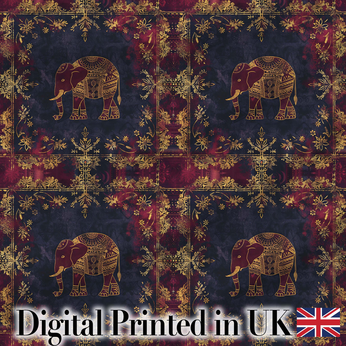 Ornate Gold Elephant and Floral Vintage Seamless Pattern Digital Print Fabric by the Metre UK Sewing Quilting Textile