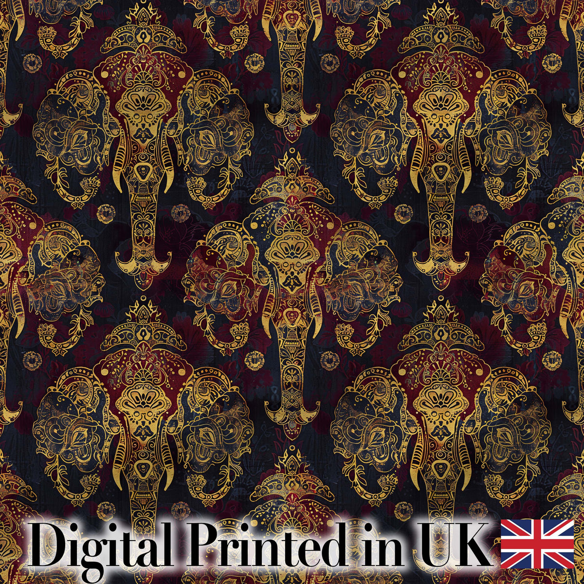 Luxury Gold Elephant with Floral Motif Seamless Pattern Digital Print Fabric by the Metre UK Sewing Quilting Textile