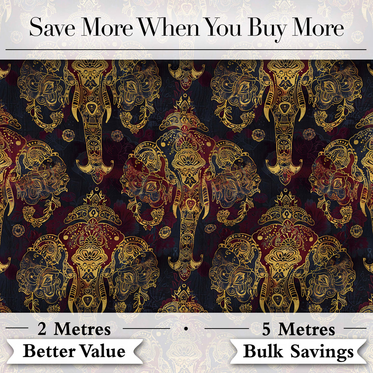 Luxury Gold Elephant with Floral Motif Seamless Pattern Digital Print Fabric by the Metre UK Sewing Quilting Textile
