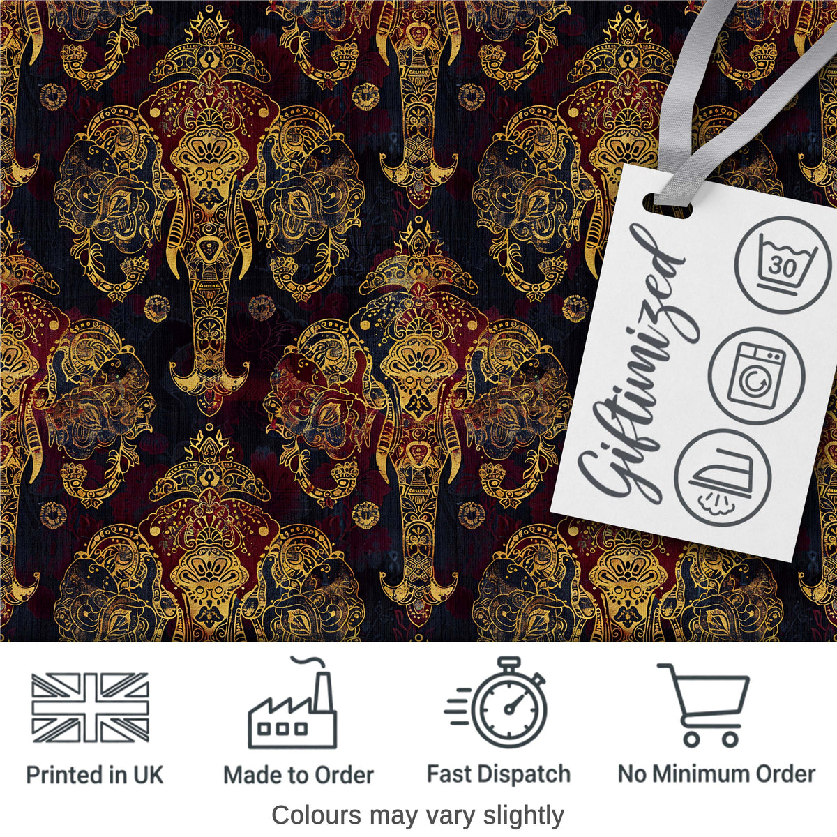 Luxury Gold Elephant with Floral Motif Seamless Pattern Digital Print Fabric by the Metre UK Sewing Quilting Textile
