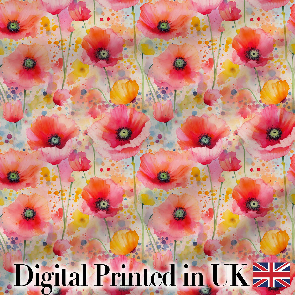 Soft Watercolor Poppy Flowers with Paint Splatter Seamless Pattern Digital Print Fabric by the Metre UK Sewing Quilting Textile