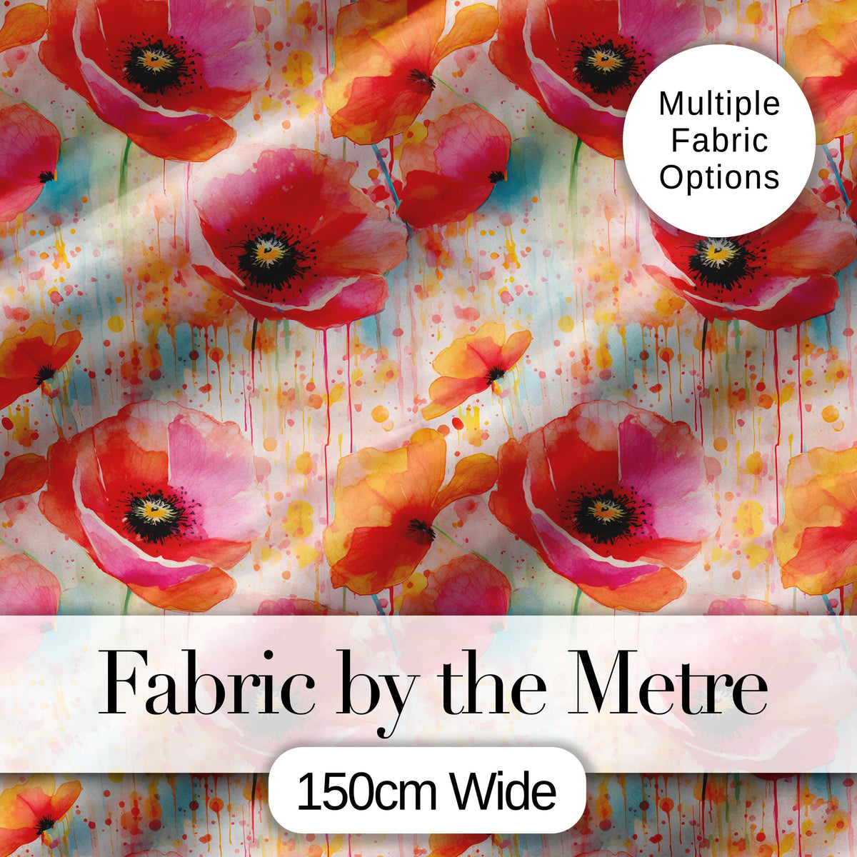 Abstract Watercolor Poppy Bloom with Drip Effect Seamless Pattern Digital Print Fabric by the Metre UK Sewing Quilting Textile