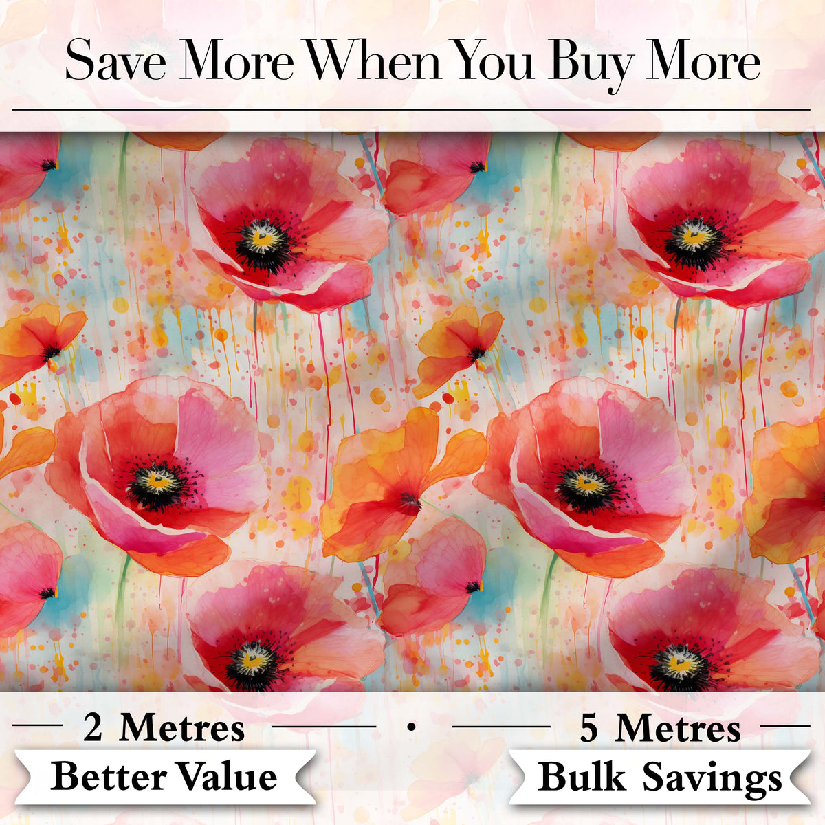 Abstract Watercolor Poppy Bloom with Drip Effect Seamless Pattern Digital Print Fabric by the Metre UK Sewing Quilting Textile