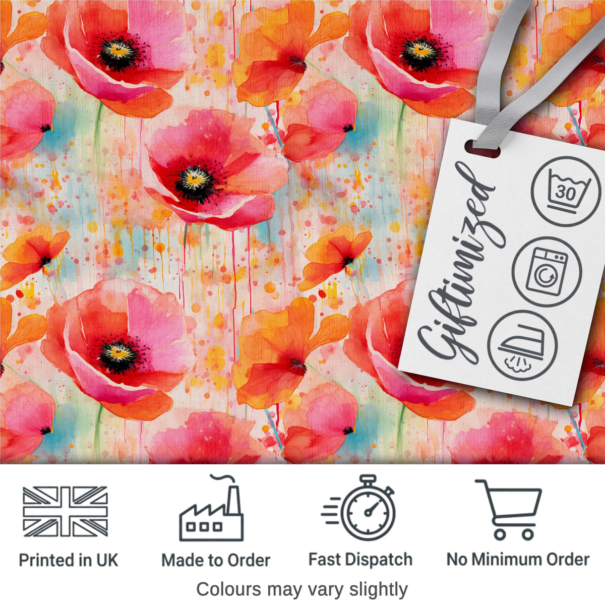 Abstract Watercolor Poppy Bloom with Drip Effect Seamless Pattern Digital Print Fabric by the Metre UK Sewing Quilting Textile