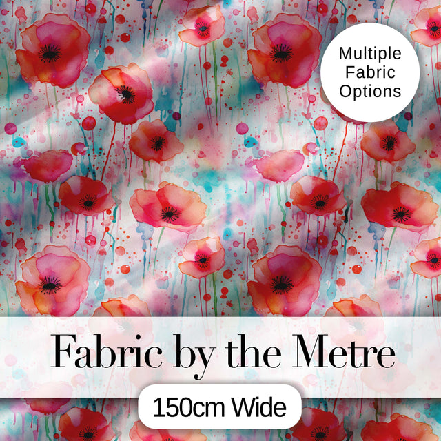 Dreamy Watercolor Poppy Flowers with Dripping Paint Seamless Pattern Digital Print Fabric by the Metre UK Sewing Quilting Textile