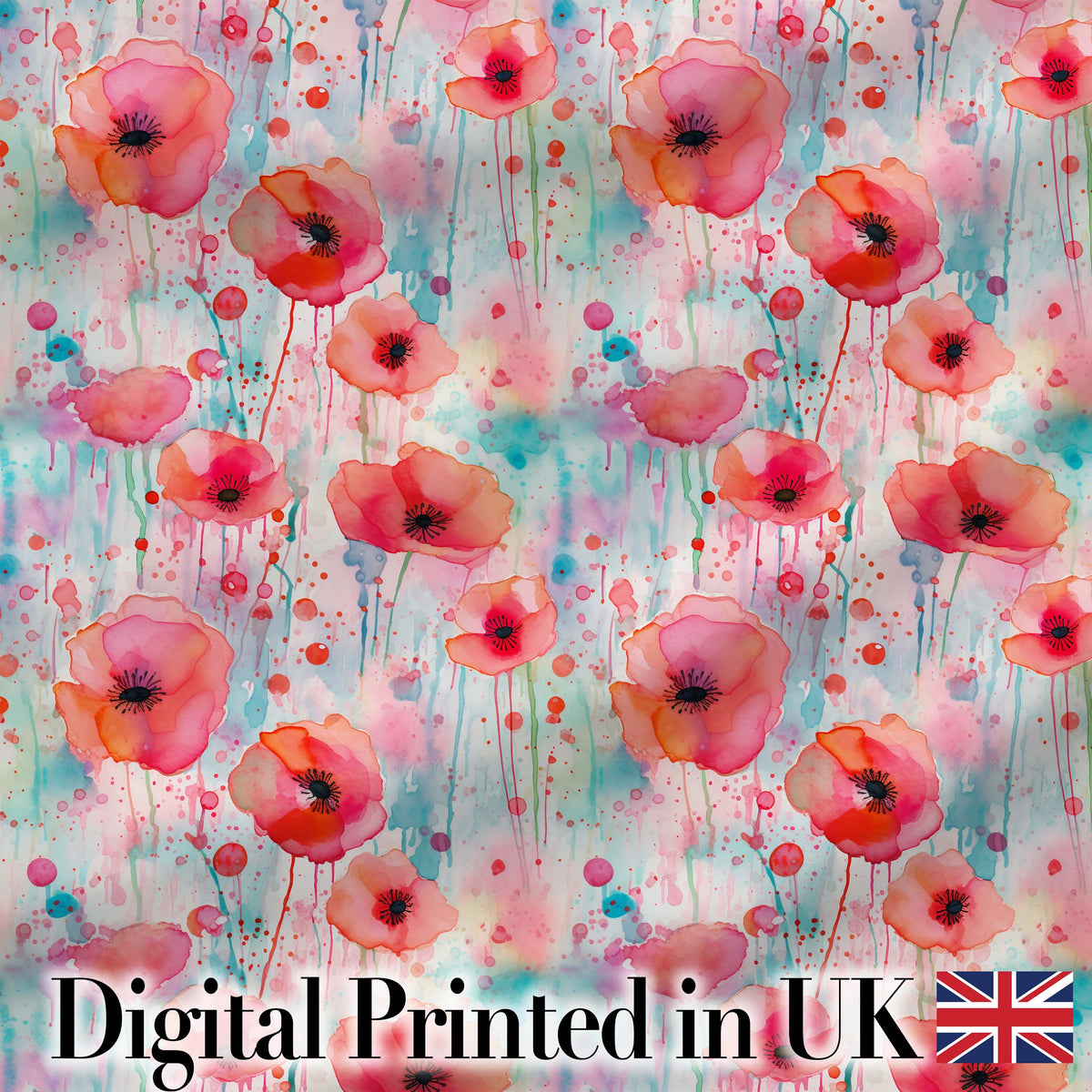 Dreamy Watercolor Poppy Flowers with Dripping Paint Seamless Pattern Digital Print Fabric by the Metre UK Sewing Quilting Textile