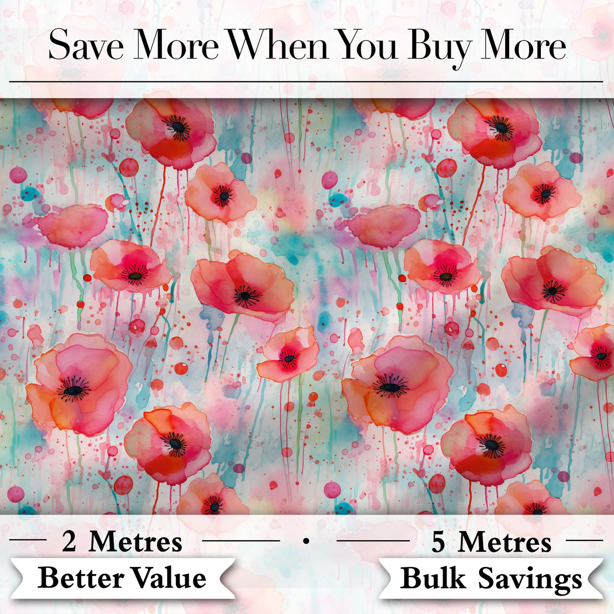Dreamy Watercolor Poppy Flowers with Dripping Paint Seamless Pattern Digital Print Fabric by the Metre UK Sewing Quilting Textile