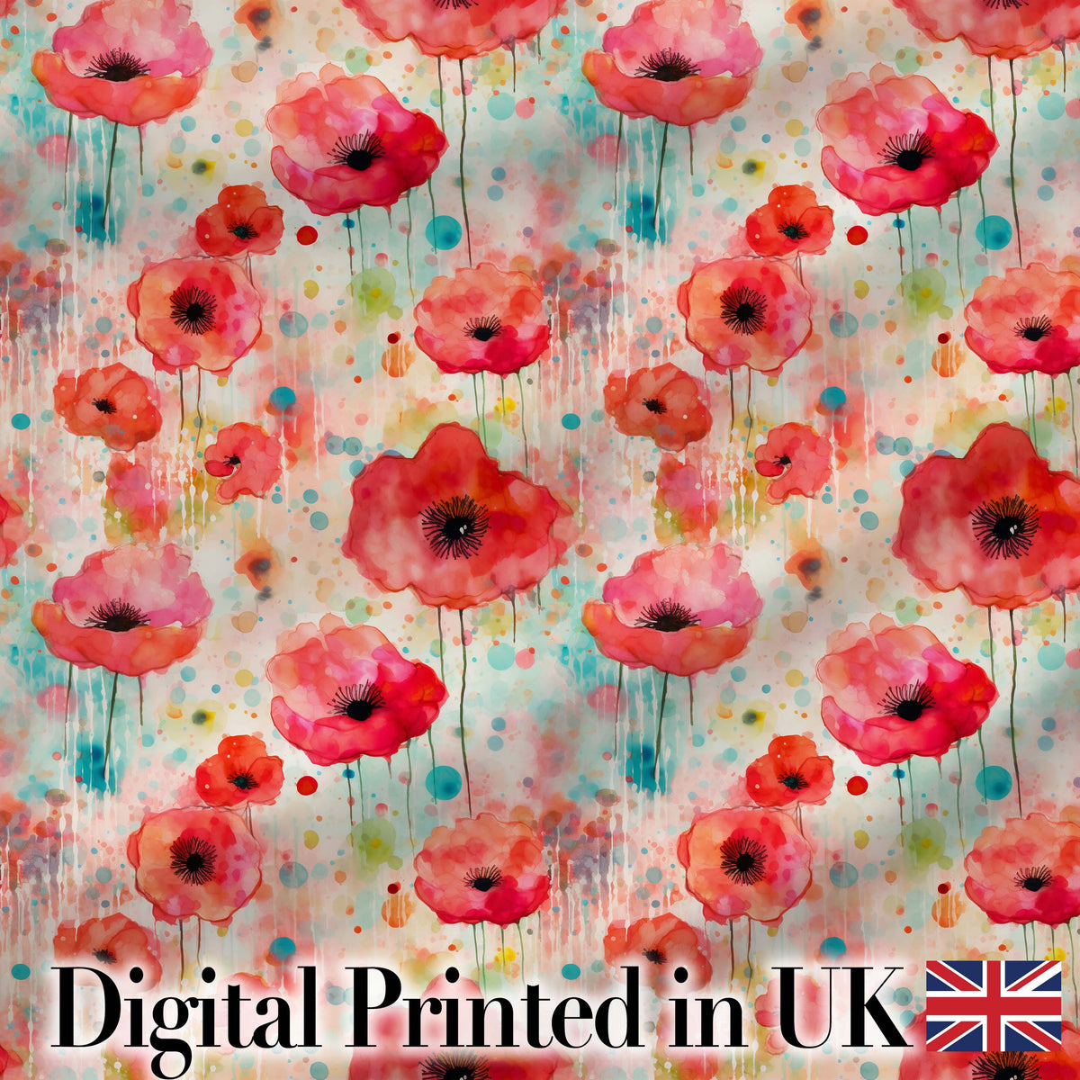 Dreamy Red Poppy Flowers with Paint Drip Effect Seamless Pattern Digital Print Fabric by the Metre UK Sewing Quilting Textile