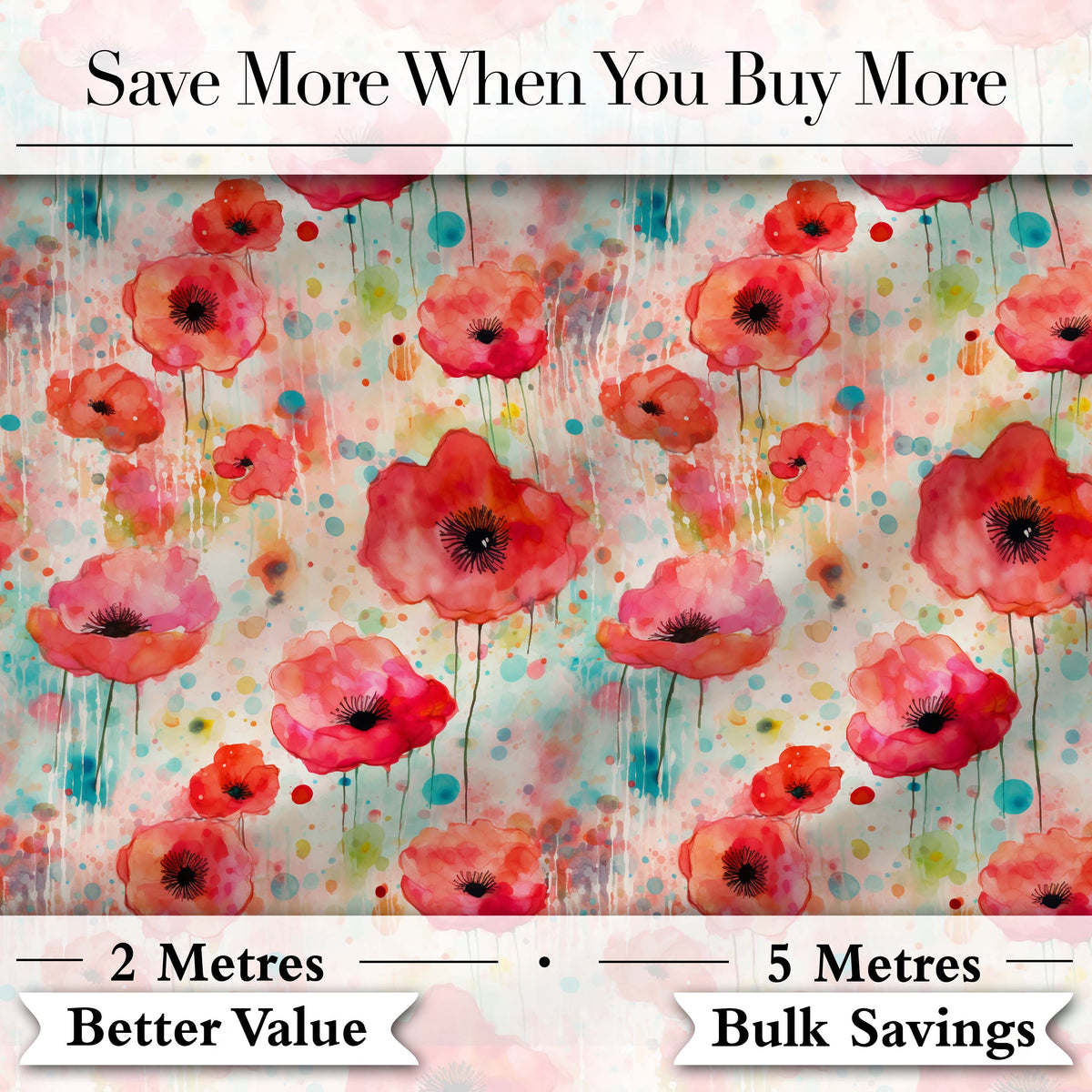 Dreamy Red Poppy Flowers with Paint Drip Effect Seamless Pattern Digital Print Fabric by the Metre UK Sewing Quilting Textile