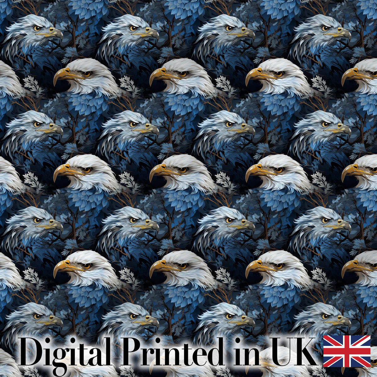 Detailed Blue Tone Eagle Wildlife Seamless Pattern Digital Print Fabric by the Metre UK Sewing Quilting Textile