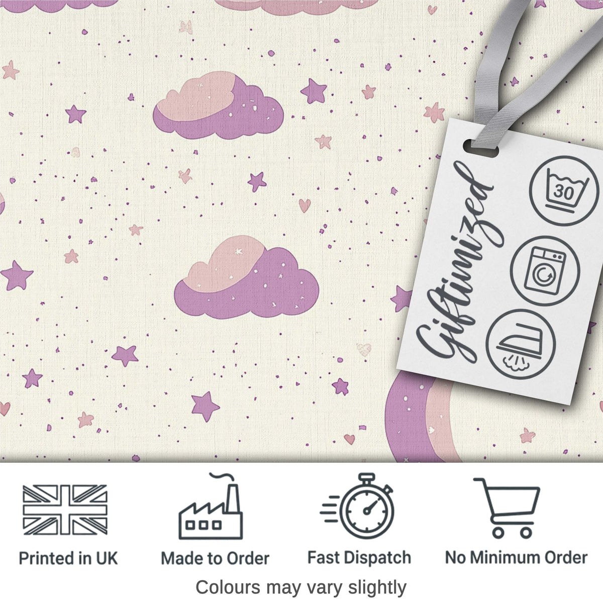 Pastel Night Sky with Moon Clouds and Stars Seamless Pattern Digital Print Fabric by the Metre UK Sewing Quilting Textile
